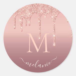 Sticker Rond Texte de nom de monogramme Rose Gold Blush Paillet