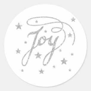 Sticker Rond Texte JOIE en faux look pailleté argent avec étoil
