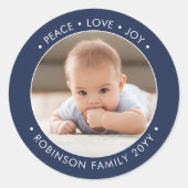 Sticker Rond Texte Navy Blue & White Peace Love Joy Photo (Devant)
