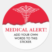Sticker Rond Texte personnalisé de l'alerte Médicale (Devant)