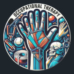 Sticker Rond Texte personnalisé de l'ergothérapie<br><div class="desc">Ce design autocollant, intitulé "Occupational Therapy Custom Text", représente magnifiquement le domaine de l'ergothérapie dans un style moderne d'art vectoriel. Il comprend une gamme de symboles synonymes d'ergothérapie, y compris les mains engagées dans des activités thérapeutiques et des outils communs comme les bandes de résistance. La conception met l'accent sur...</div>