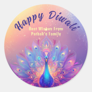 Sticker Rond Texte personnalisé, Diwali Paon Splendeur