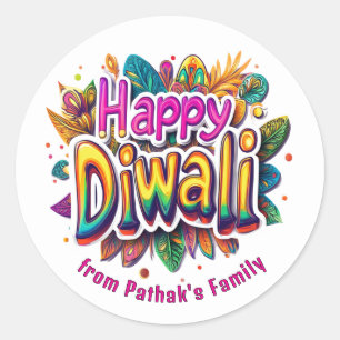 Sticker Rond Texte personnalisé, Joyeux Diwali Leaf Burst