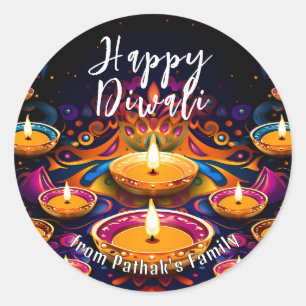 Sticker Rond Texte personnalisé, Joyeux Diwali Multi‑Diyas