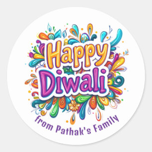 Sticker Rond Texte personnalisé, Joyeux Diwali Spirale & Feuill