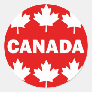 Sticker Rond Texte rouge et blanc du Canada avec des feuilles
