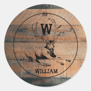 Sticker Rond Texture en bois rustique et monogramme de cerfs su