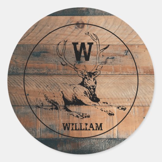 Sticker Rond Texture en bois rustique et monogramme de cerfs su (Devant)