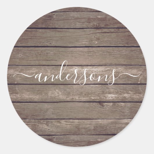 Sticker Rond Texture en bois rustique Script de signature perso (Devant)