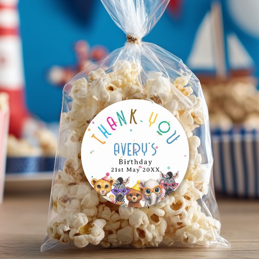 Sticker Rond Thank you! Animals Kids Birthday