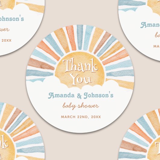 Sticker Rond Thank You Here Comes the Son Boy Baby Shower 