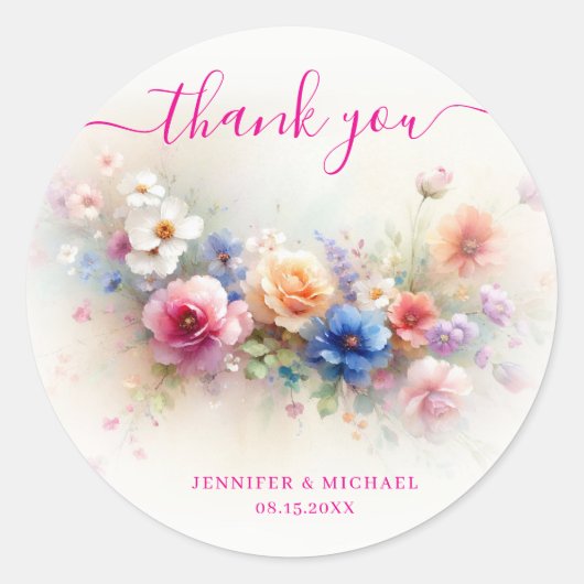 Sticker Rond Thank You Your Custom Text Aquarell Flowers Trendy (Devant)