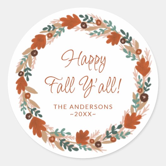 Sticker Rond Thanksgiving Autumn Wreath Happy Fall Y’all (Devant)