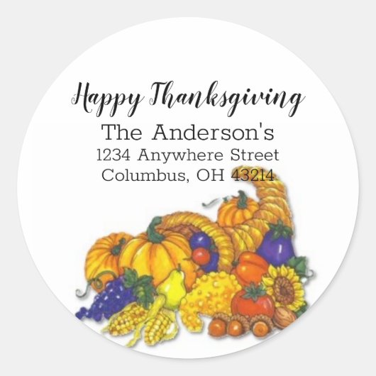 Sticker Rond Thanksgiving Cornucopia Adresse de retour (Devant)