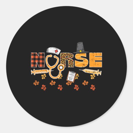 Sticker Rond Thanksgiving Leopard Plaid Nurse Scrub d'automne T (Devant)