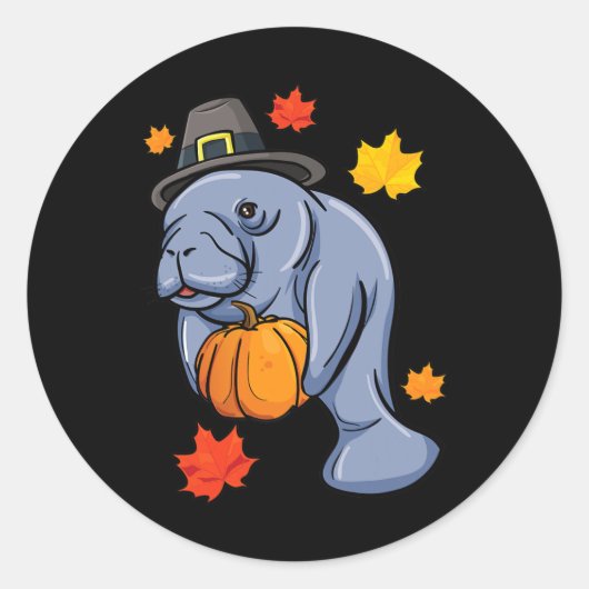 Sticker Rond Thanksgiving Manatee Pilgrim Fall Citrouille Dugon (Devant)