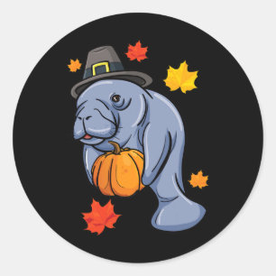 Sticker Rond Thanksgiving Manatee Pilgrim Fall Citrouille Dugon