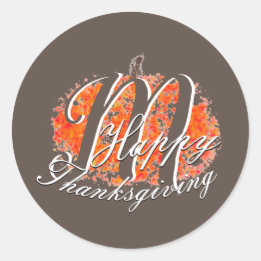 Sticker Rond Thanksgiving Monogramme Automne Citrouille Feuille
