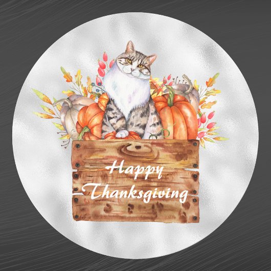 Sticker Rond Thanksgiving Orange Chat Citrouille Floral