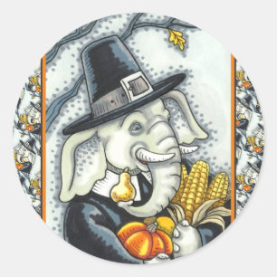 STICKER ROND THANKSGIVING PACHYDERM, THANKFUL PILGRIM ELEPHANT