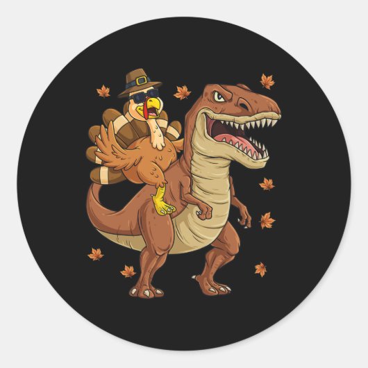 Sticker Rond Thanksgiving Turquie Riding T Rex Dinosaur Toddler (Devant)
