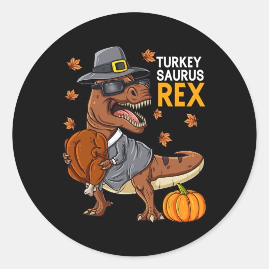 Sticker Rond Thanksgiving Turquie Saurus T Rex Pilgrim Dinosaur (Devant)