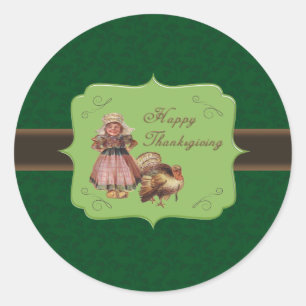 Sticker Rond Thanksgiving Vintage Pilgrim Girl