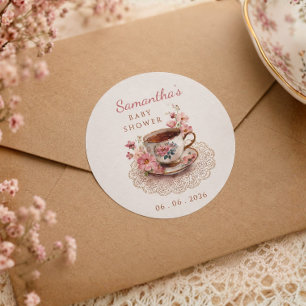 Sticker Rond Thé à l'heure florale vintage baby shower tasse à