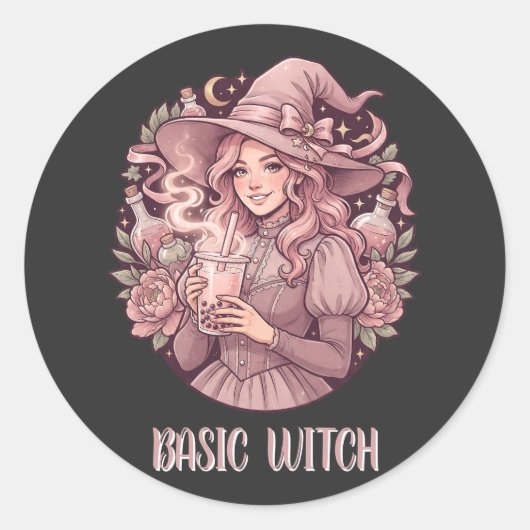 Sticker Rond Thé aux perles rose Basic Witch Coquette Halloween (Devant)