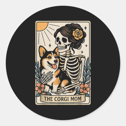 Sticker Rond The Corgi Mom Tarot Card Skeleton Gothic Dog (Devant)