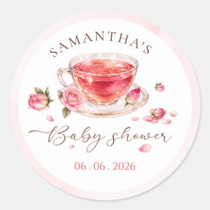 Sticker Rond Thé dans un verre tasse à thé roses shower de bébé
