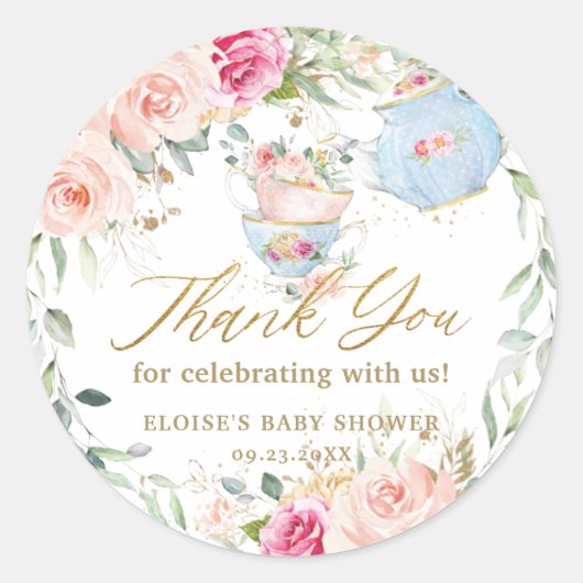 Sticker Rond Thé Dansant Fleur Rose Baby Shower Mariage Anniver (Devant)