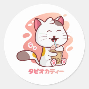 Sticker Rond Thé De Lait Chat Et Boba Anime Kawaii