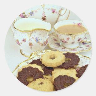 Sticker Rond Thé et biscuits délicieux avec la porcelaine