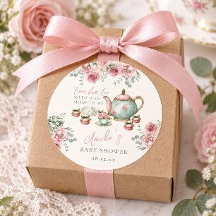 Sticker Rond Thé floral rose pour la Baby Shower de la future m