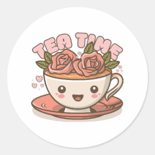 Sticker Rond Thé Temps de Rose Thé Kawaii
