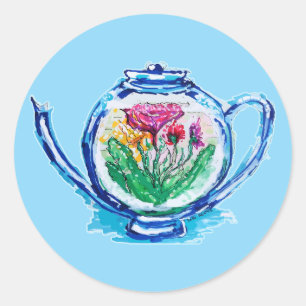 Sticker Rond Théière à fleurs