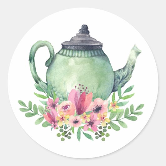 Sticker Rond Théière à l'aquarelle avec bouquet floral (Devant)