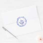 Sticker Rond Théière Bleue et Blanche avec Couronne de Feuilles (Enveloppe)