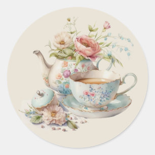 Sticker Rond Théière classique à l'aquarelle mignonne avec bouq
