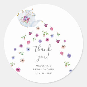 Sticker Rond Théière Fleurs Remerciement pour la Fête de Mariag