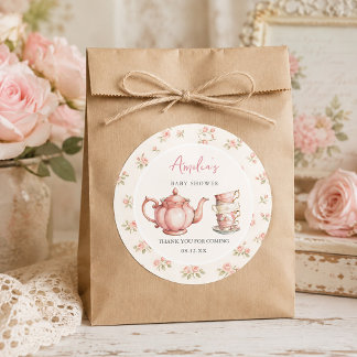 Sticker Rond Théière florale et tasses à thé Rose Baby Shower