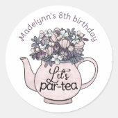 Sticker Rond Théière florale Fête d'anniversaire girly en thé (Devant)