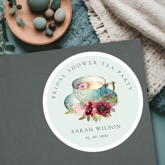 Sticker Rond Théière florale sarcelle dorée Fête de thé Shower