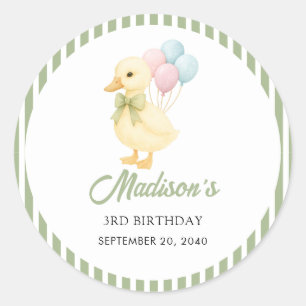 Sticker Rond Thème Anniversaire Enfant Canard Mignon Rayures Pr