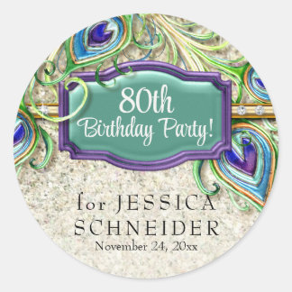Sticker Rond Thème Art Déco Glam Paon Plume Fête d'anniversaire