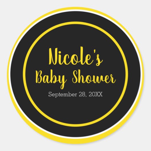 Sticker Rond Thème Bébé Abeille Noir et Jaune Baby Shower (Devant)