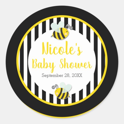 Sticker Rond Thème Bumble Noir Blanc Jaune Bébé Shower (Devant)