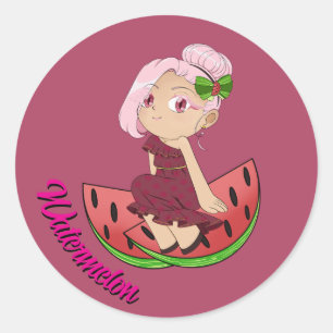 Sticker Rond Thème Chibi Pastèque Mignon avec Melons Tranchés