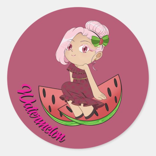 Sticker Rond Thème Chibi Pastèque Mignon avec Melons Tranchés (Devant)